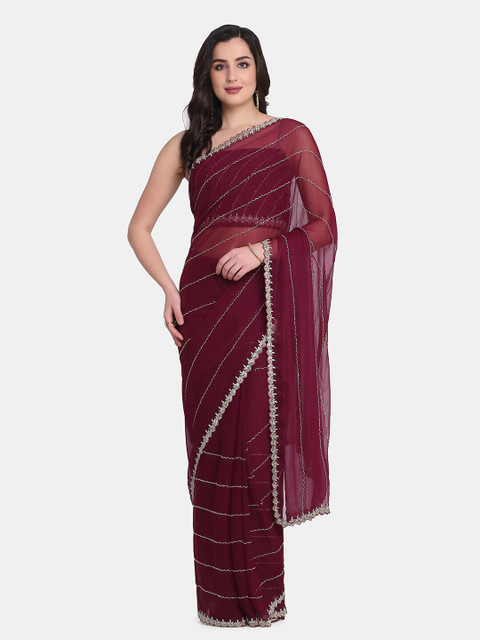

BOMBAY SELECTIONS Burgundy Embellished Organza Saree
