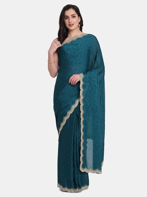

BOMBAY SELECTIONS Green & Gold-Toned Floral Embroidered Pure Crepe Saree