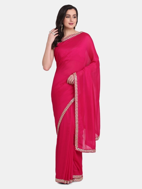 

BOMBAY SELECTIONS Magenta & Gold-Toned Embellished Zardozi Pure Silk Tussar Saree
