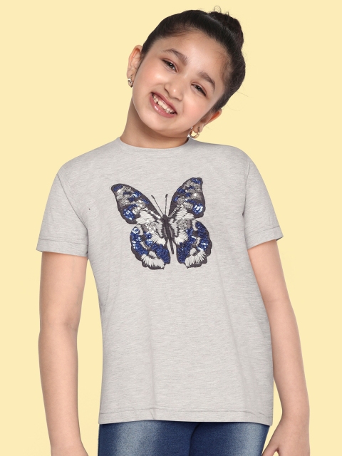 

GOJI Girls Grey Melange & Navy Blue Butterfly Applique Sequinned T-shirt