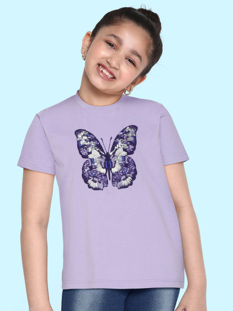 

GOJI Girls Purple & Navy Blue Butterfly Applique Sequinned T-shirt