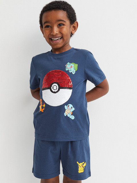 

H&M Boys Blue Printed Pure Cotton 2 Piece Sequinned Set