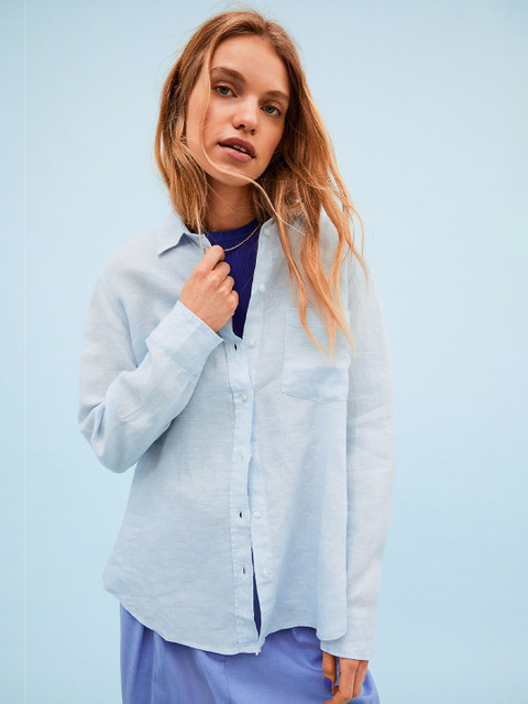 

H&M Women Blue Solid Linen Shirt