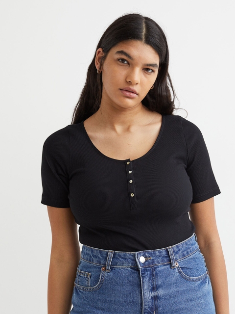 

H&M Women Black Ribbed Button Placket T-Shirt