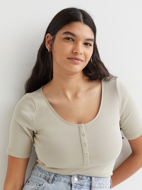 

H&M Women Beige Ribbed Button-Placket T-shirt