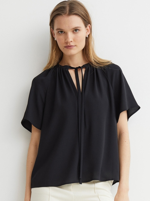 

H&M Women Black Solid Short-Sleeved Tie-Detail Blouse