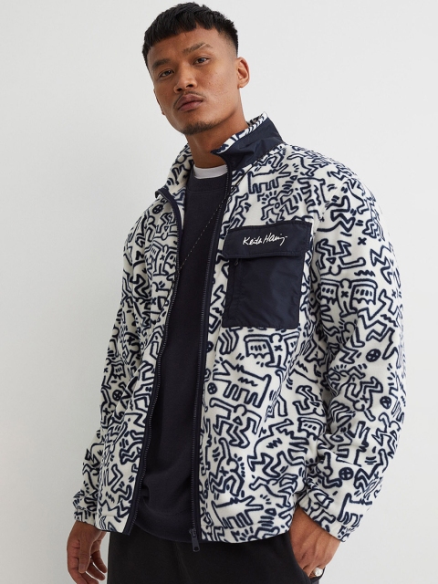 

H&M Men White Printed Relaxed Fit Fleece Jacket