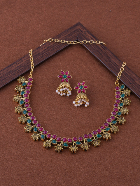 

Brandsoon Gold-Plated Green And Red Kundan Stone Studded Jewellery Set