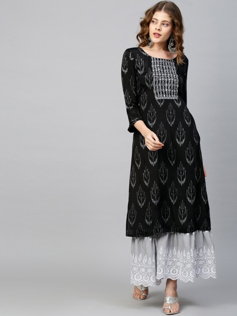 

FASHOR Women Black & Grey Ikat Woven Design & Embroidered Kurta