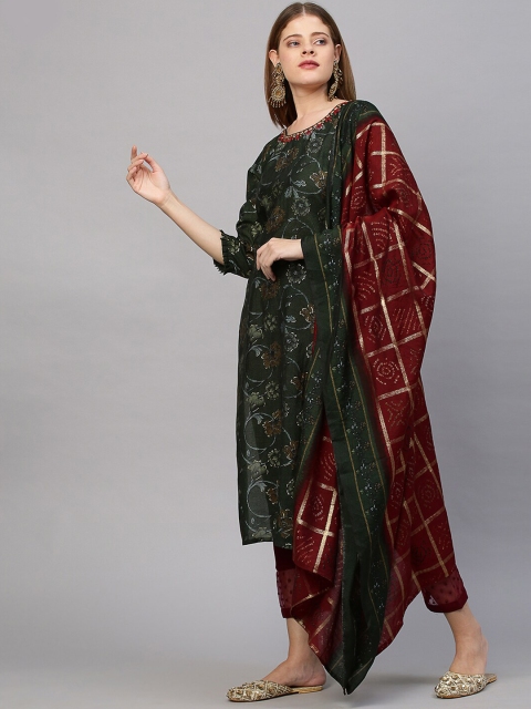 

FASHOR Women Green & Maroon Floral Printed Cotton Silk Kurta & Dupatta