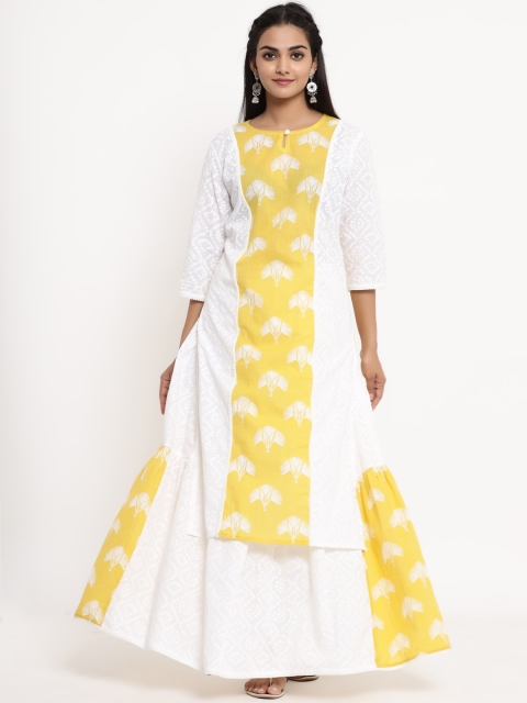 

MIRAVAN Women Yellow Floral Printed Pure Cotton Kurta with Skirt