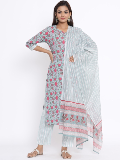

MIRAVAN Women Green Floral Printed Pure Cotton Kurti with Trousers & With Dupatta