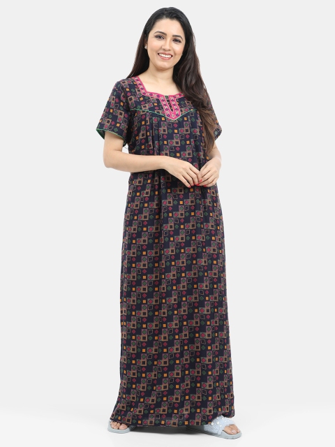 

SARINA Navy Blue Printed Maxi Nightdress