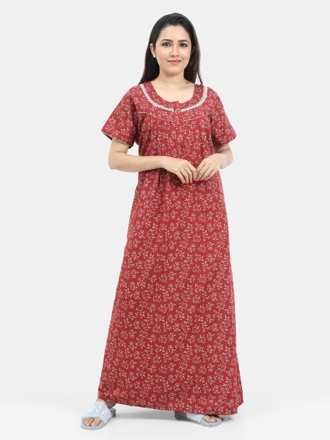 

SARINA Women Maroon Printed Cotton Maxi Nightdress