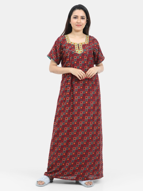 

SARINA Maroon Printed Maxi Nightdress