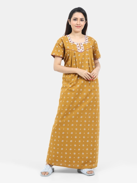 

SARINA Women Mustard Yellow Printed Cotton Maxi Nightdress
