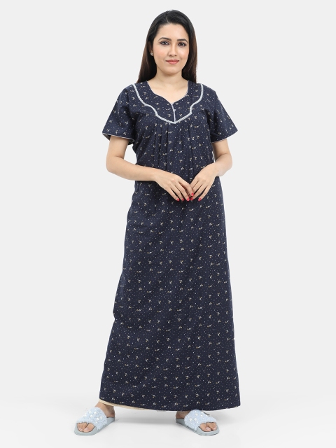 

SARINA Navy Blue Printed Maxi Nightdress
