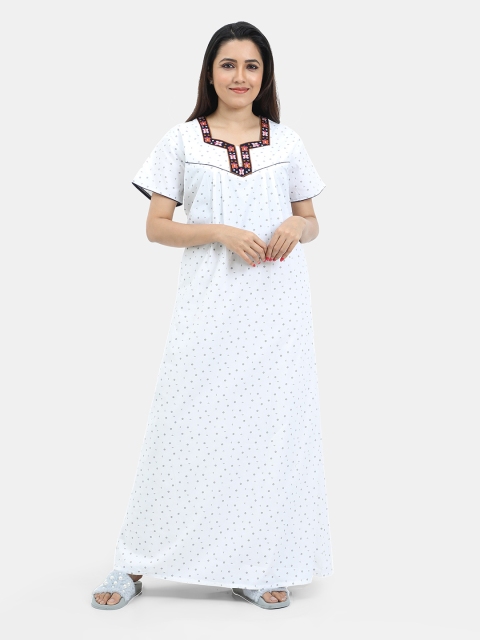 

SARINA Women White Printed Cotton Maxi Nightdress