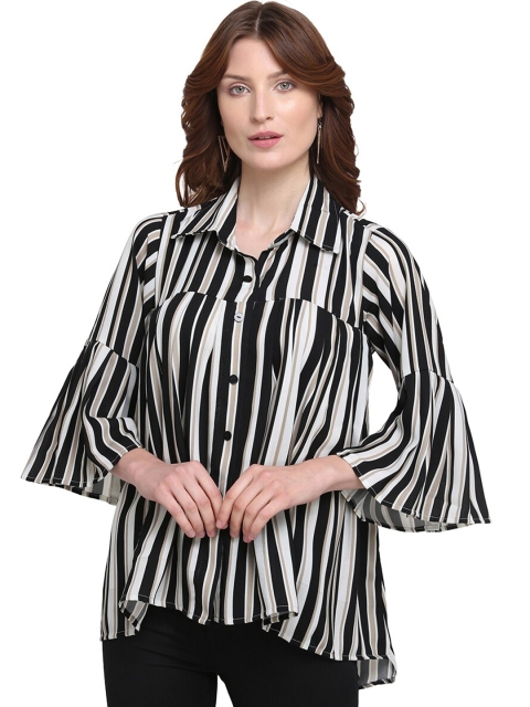 

Amrutam Fab Black Striped Monochrome Crepe Shirt Style Top