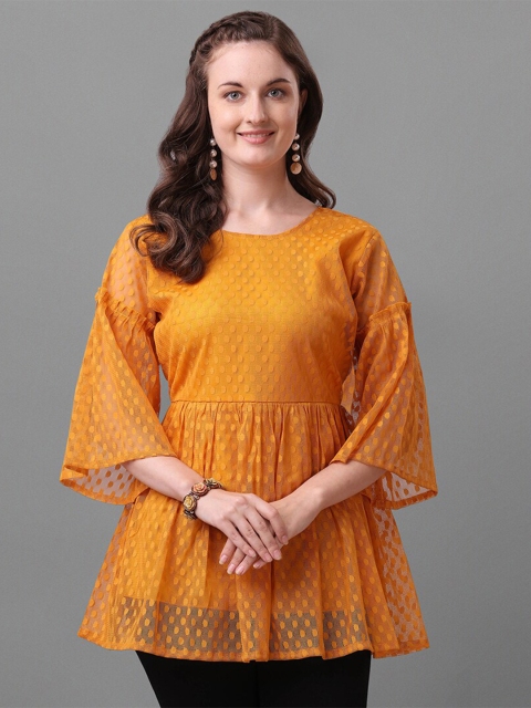 

Amrutam Fab Orange Print Net Longline Top