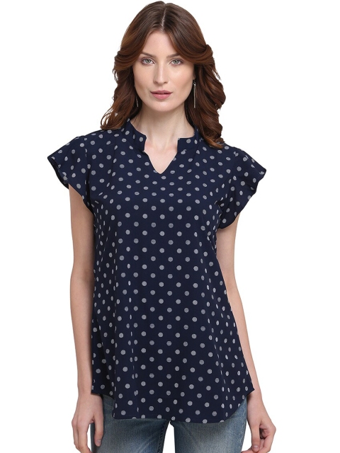 

Amrutam Fab Navy Blue Print Mandarin Collar Top