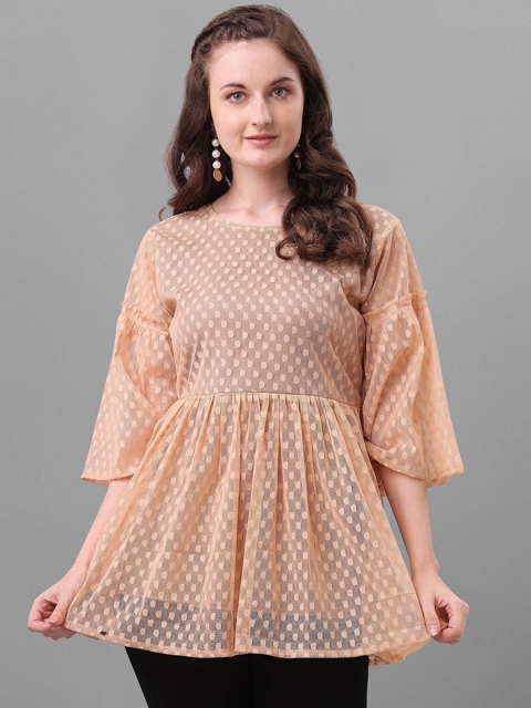 

Amrutam Fab Peach-Coloured Self Design Net Longline Top