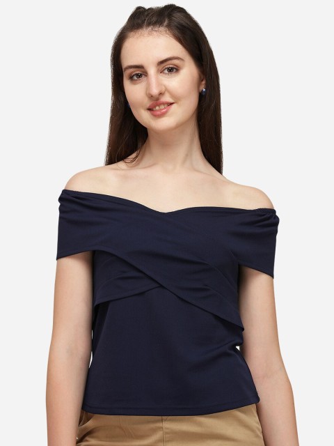 

Amrutam Fab Navy Blue Off-Shoulder Twisted Crepe Bardot Top