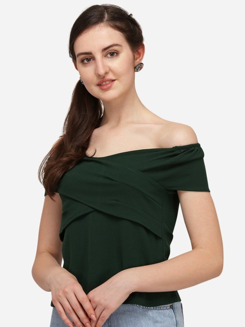 

Amrutam Fab Green Off-Shoulder Twisted Crepe Bardot Top