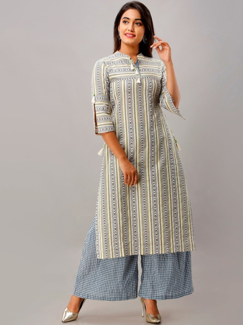 

JAPER KURTI Women Off White Striped Pure Cotton Kurti with Palazzos