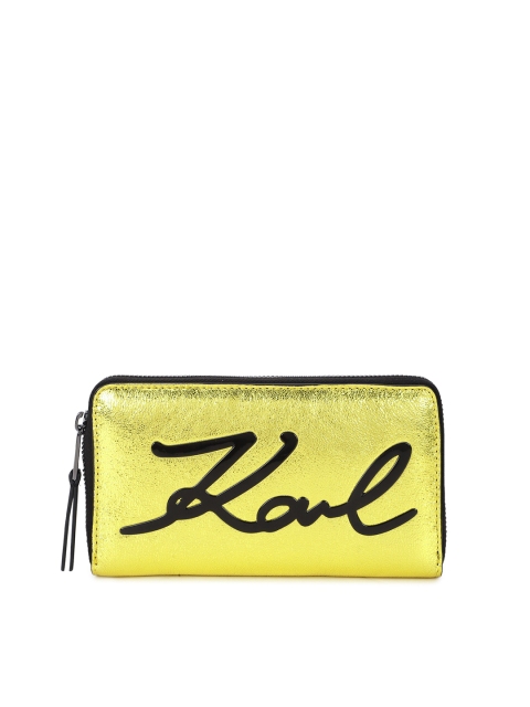 

Karl Lagerfeld Women Yellow & Black Typography Leather Zip Around Wallet