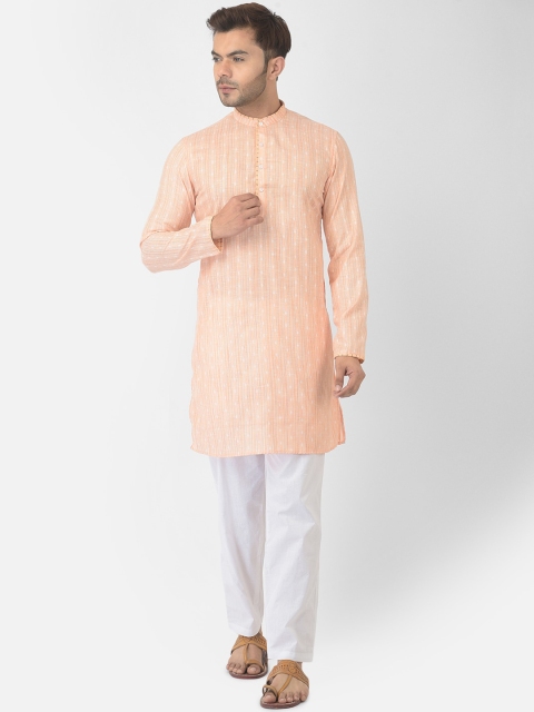 

DEYANN Men Orange Striped Pure Cotton Kurta with Trousers