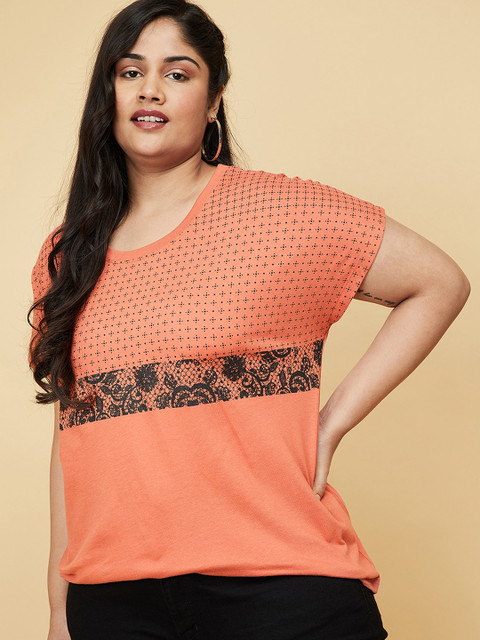 

max Plus Size Women Rust & Black Floral Printed Pure Cotton T-shirt