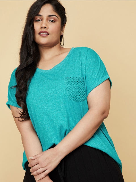 

max Plus Size Women Blue Solid Extended Sleeves Cotton T-shirt