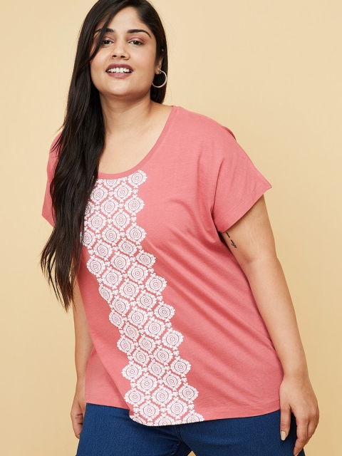 

max Plus Size Women Pink Printed Pure Cotton T-shirt