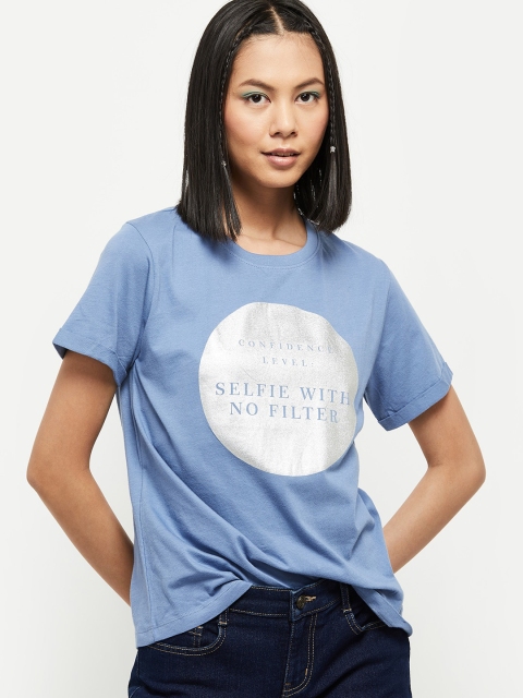 

max Women Blue Typography Printed Pure Cotton T-shirt