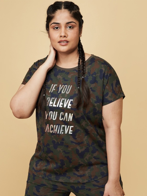 

max Plus Size Women Green & Navy Blue Typography Printed Pure Cotton T-shirt