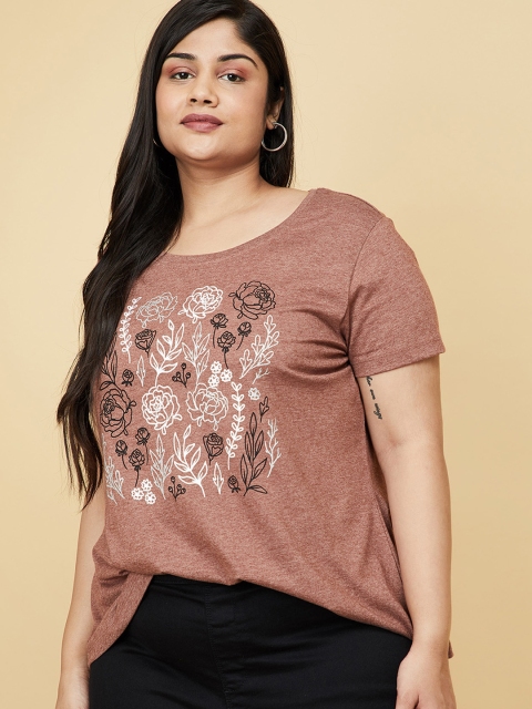 

max Women Plus Size Brown Floral Printed T-shirt