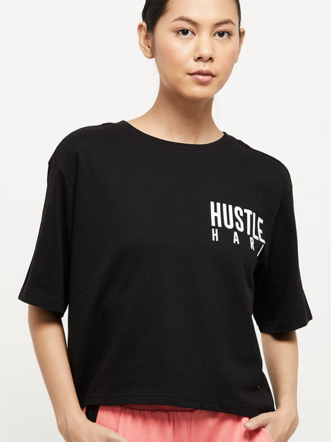 

max Women Black Typography Printed Drop-Shoulder Cotton T-shirt