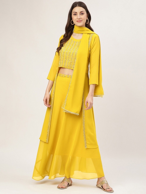

TRENDY DIVVA Women Yellow Floral Embroidered Top with Skirt & With Dupatta