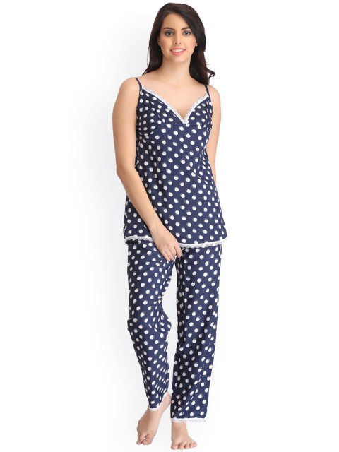 

Clovia Navy & White Polka Dot Print Night Suit LS0060P08, Navy blue