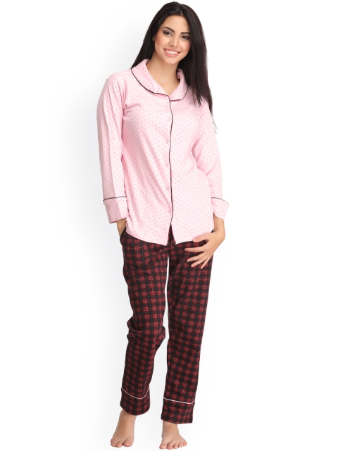 

Clovia Pink & Red Printed Night Suit LS0090P22