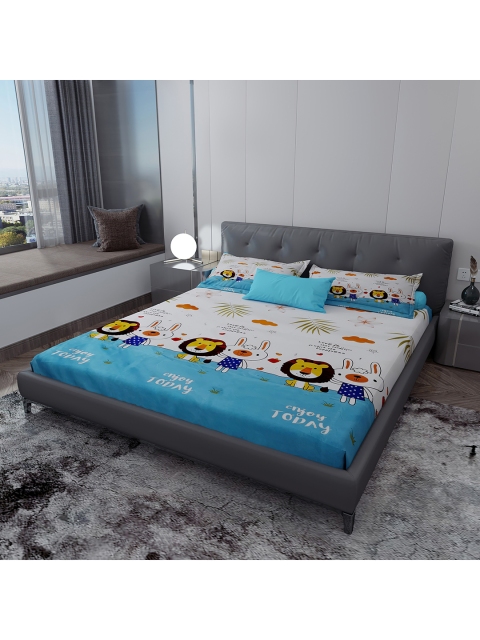 

LABHAM White & Turquoise Blue Cartoon Characters 140 TC King Bedsheet with 2 Pillow Covers