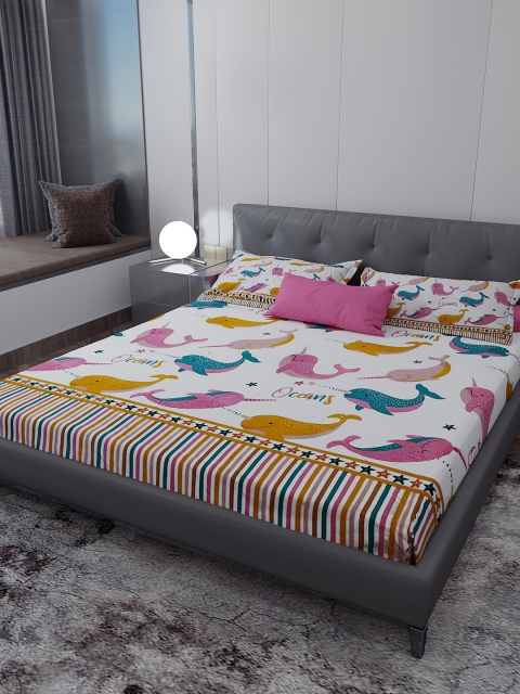 

LABHAM White & Pink 140 TC King Bedsheet with 2 Pillow Covers