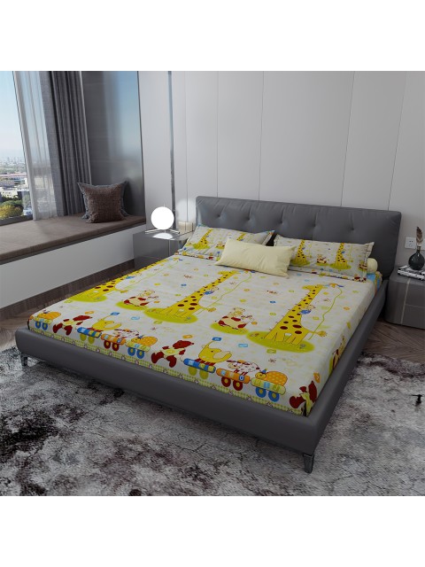 

LABHAM Yellow & Beige Cartoon Characters 140 TC King Bedsheet with 2 Pillow Covers