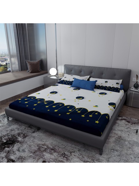 

LABHAM White & Navy Blue Conversational 140 TC King Bedsheet with 2 Pillow Covers
