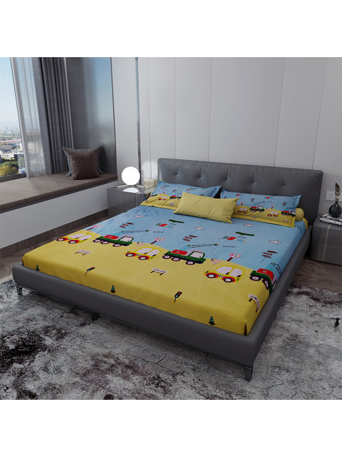 

LABHAM Grey & Yellow Conversational 140 TC King Bedsheet with 2 Pillow Covers