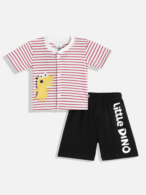 

TINYO Infant Boys White & Black Striped Pure Cotton T-shirt with Shorts