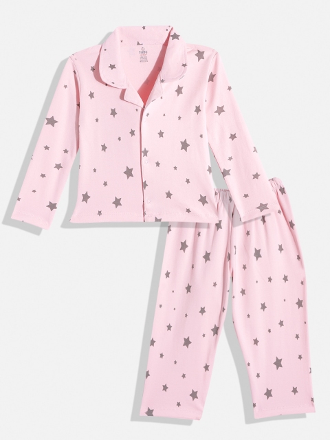 

TINYO Infant Girls Pink & Grey Printed Cotton Pyjama Set