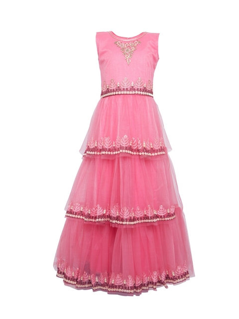 BETTY Pink Floral Embroidered Net Ethnic Maxi Dress