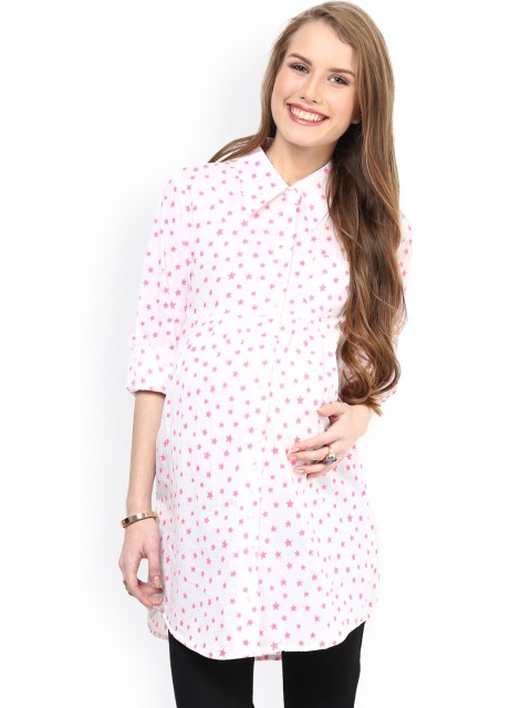 

Mamacouture White & Pink Printed Maternity Shirt Style Tunic